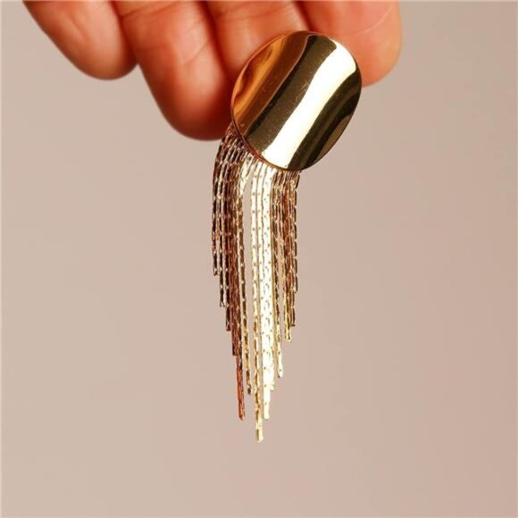 Gold Tassel Dangle Earrings | Vintage Retro Black Disc Statement Jewelry - Picture 5 of 7